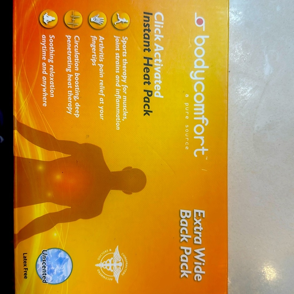 Bodycomfort. Extra Wide Back Pack. Click Activated. Instant Heat Pack.